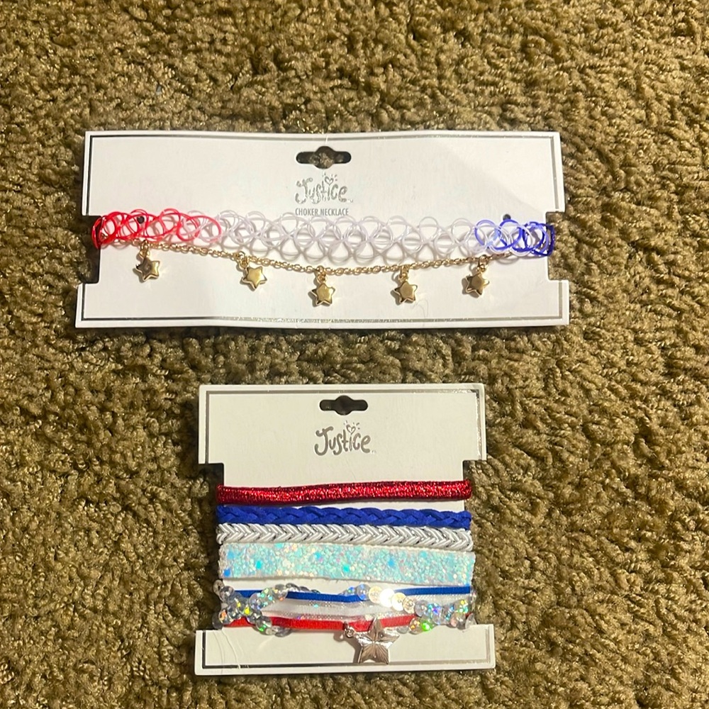Justice red, white & blue necklace and hair ties. Brand new.